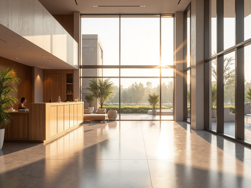 酒店外观建筑，现代简约风格，大面积玻璃幕墙，阳光照射下显得明亮温馨，周围绿植环绕