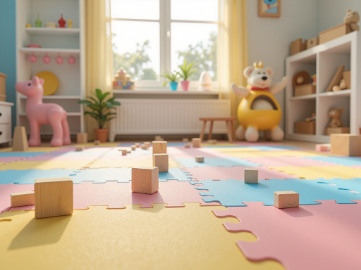 家庭房内部全景，宽敞明亮，两张单人床配置，儿童玩具摆放整齐，书桌区域，温馨家居装饰