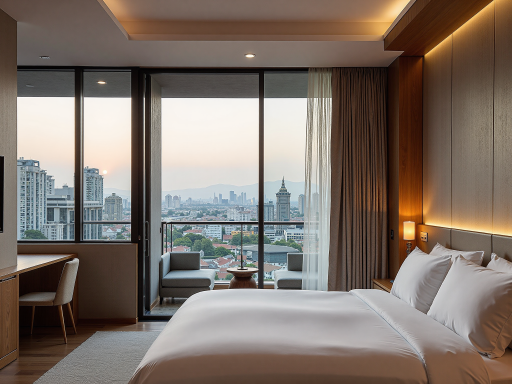 豪华套房内部，高端装修风格，超大床铺，独立客厅区域，现代化家电，落地窗俯瞰城市景观